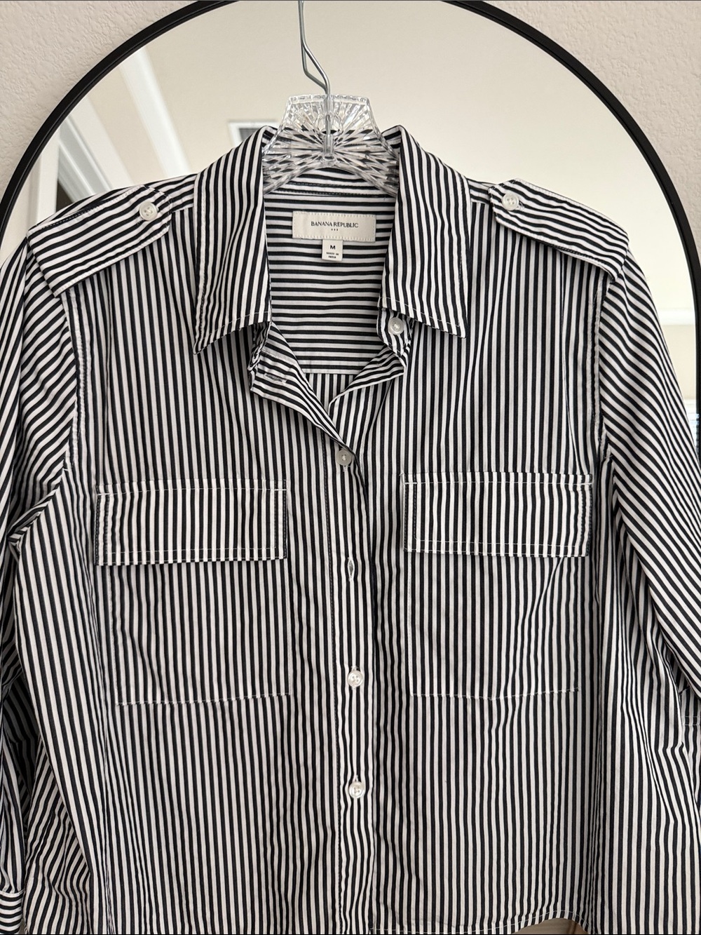 Banana Republic Black and White Striped Button-Down cropped Shirt